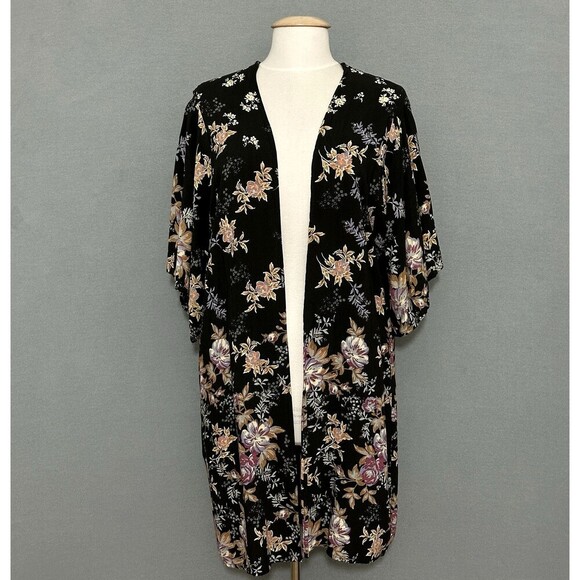 ANGIE Womens Top L Black Floral Flowy Open Kimono Layer Swim Cover Resortwear - Picture 1 of 13